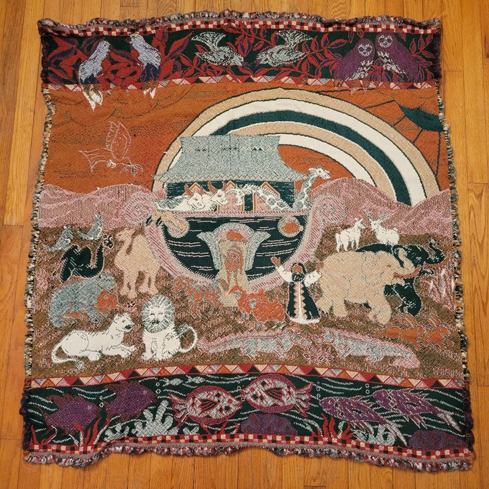 Vintage 50x49 Throw Blanket Multicolor Woven Noahs Ark Animals Tapestry Afghan - Picture 3 of 5